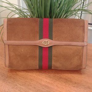 XXL AUTH Vintage Gucci Parfums brown suede clutch cosmetic pouch evening bag